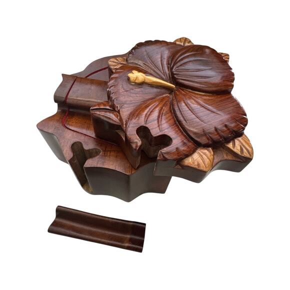 Hand Carved Hibiscus Flower Wooden Secret Puzzle Box - Picture 6 of 10